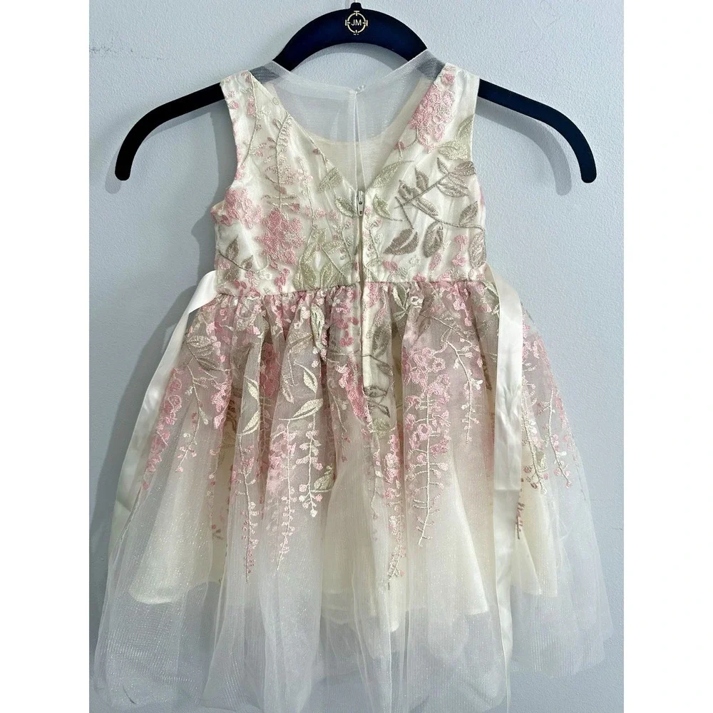 Rare Editions Girls 2T Floral Embroidered Party Dress Wedding Pink Cream Gold